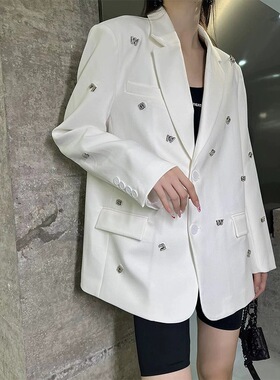 欧货黑色西装外套女春秋休闲2025新款高级感时尚洋气重工字母烫钻