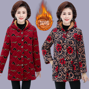 妈妈秋冬装连帽加绒中长款棉衣保暖棉服中老年人女金丝绒棉袄外套