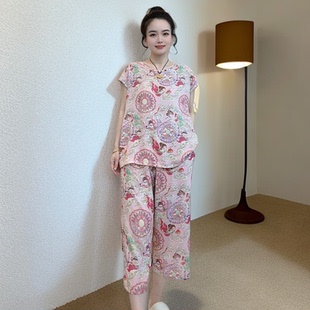 双口袋女士宽松棉绸家居服套装 两件套可外穿 人造棉短袖 七八分裤