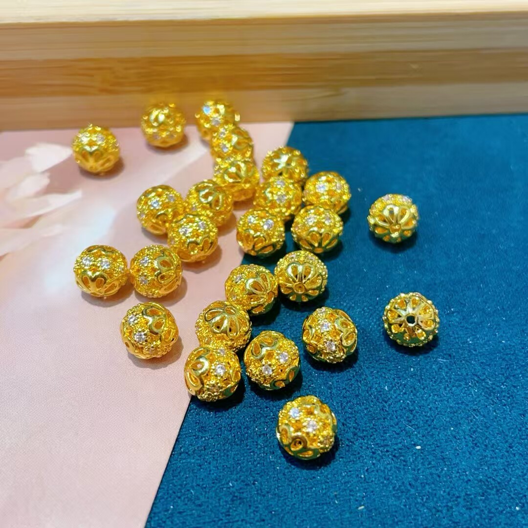 沙金高保色小花吊坠精工制作6mmDIY圆球镶嵌镂空小钻球单颗