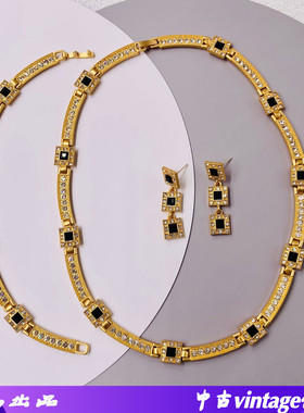 中古vintage西洋复古 黑色莫桑钻 电镀真金亚光金925银针套装项链