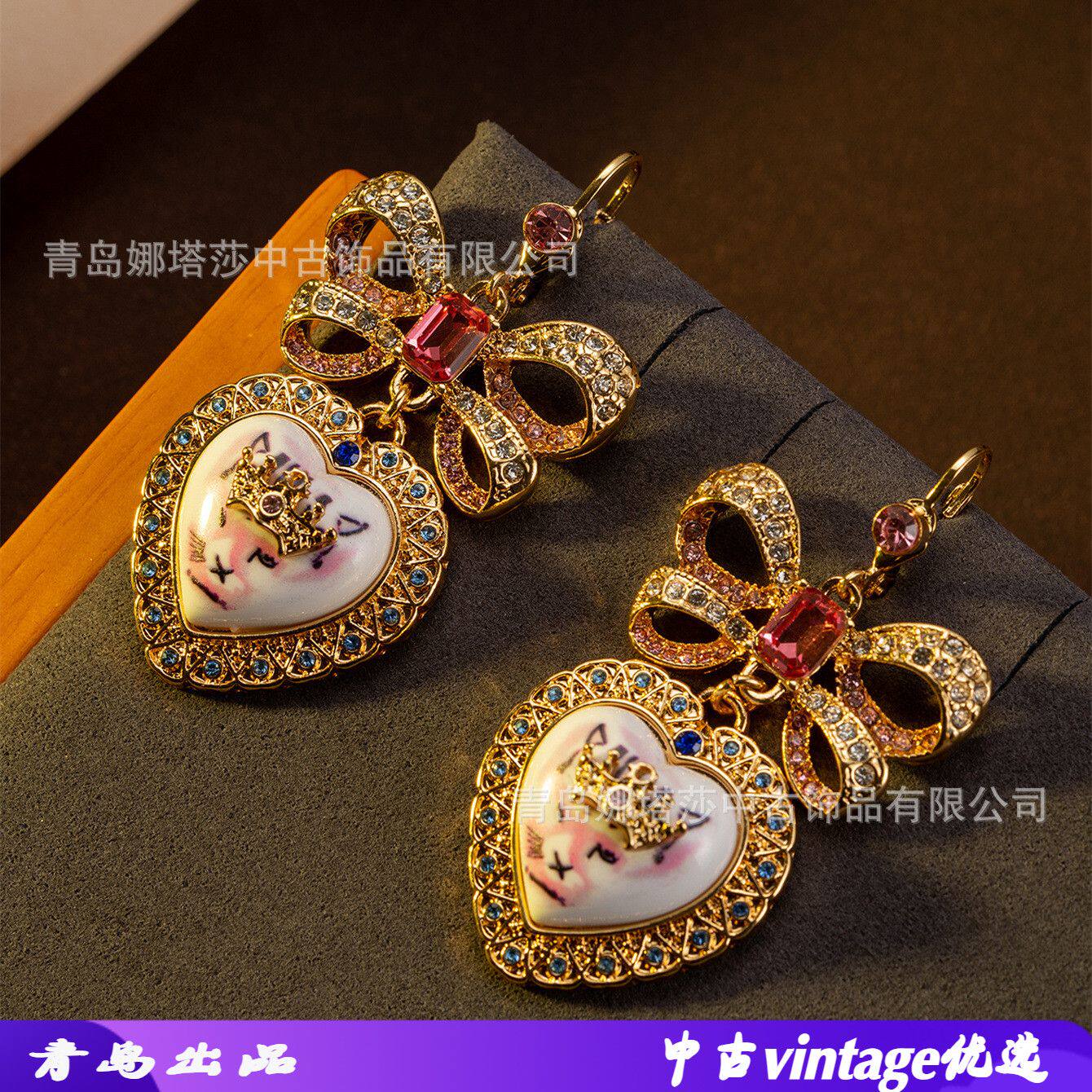 青岛欧美可爱回流耳坠粉色心形猫咪甜美耳钉镶钻中古vintage耳饰