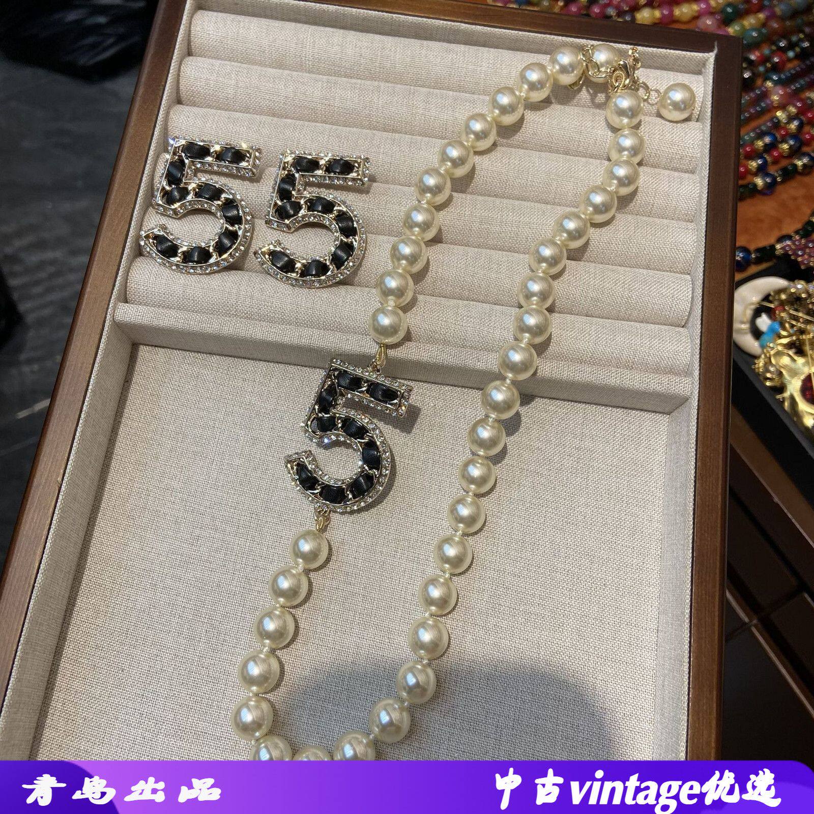 小香风5字项链新款优品高级皮穿水钻珍珠项链香家潮牌爆款毛衣链