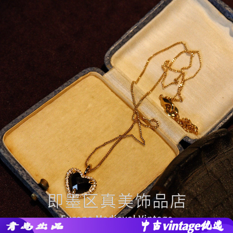 复古重工黑桃心项链满钻包边爱心