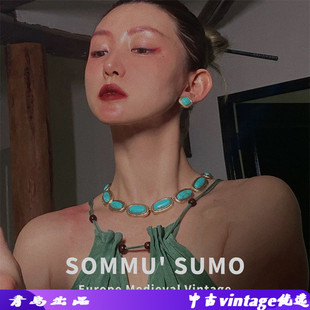 设计师款绿色松石项链耳钉套装 中古vintage锁骨链925银针耳环女