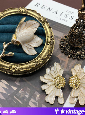 白色花朵胸针耳钉立体花胸针别针银针耳钉饰品西洋中古耳饰