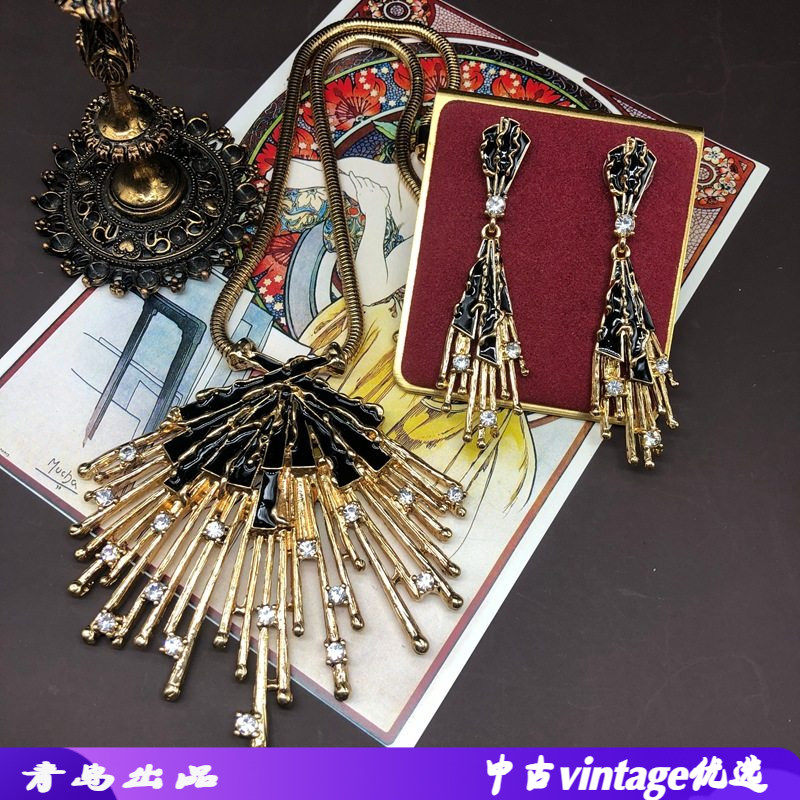 电镀真金铜蛇链项链耳钉套装黑色珐琅釉设计感镶钻复古毛衣链耳环