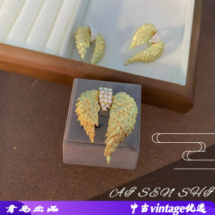 中古vintage欧美金色羽毛复古戒指法式 胸针戒指 优雅轻奢百搭胸针