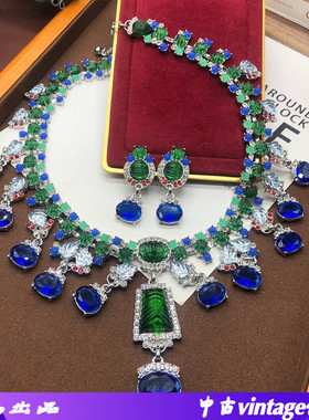 西洋中古重工蓝色莱茵石宝石链项链耳环套装高定夸张高级感锁骨链