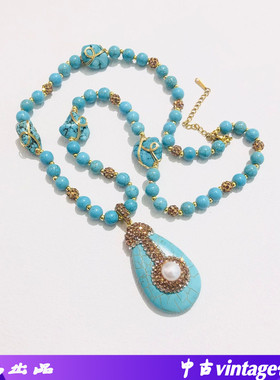 圆珠链宫廷风绿松石绕线项项链