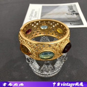 中古宫廷风电镀真金复古彩色果冻琉璃宝石手镯镂空雕刻花纹手镯