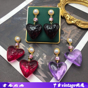 西洋中古彩色爱心吊坠耳环马彩贝琉璃印花珠元素高级感轻奢耳环