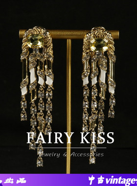 中古vintage白色珐琅长款流苏镶钻镀真金时尚女气质法式百搭耳环