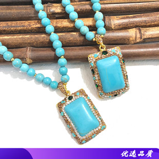绿松石项链镶嵌绿色大闪钻复古又方形吊坠高级感百搭厂家