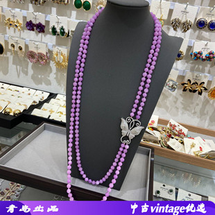 饰品气质优雅款8M紫色玉髓双层珍珠毛衣链长款项链蝴蝶配饰