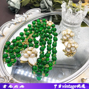 复古春夏款清新琉璃串珠毛衣链白色珐琅釉花朵项链耳钉耳夹套装女