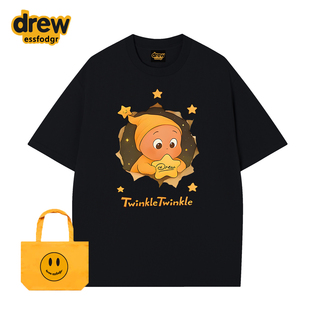 圆领半袖 T恤男女纯棉宽松百搭情侣装 卡通星星人印花短袖 Drew美式