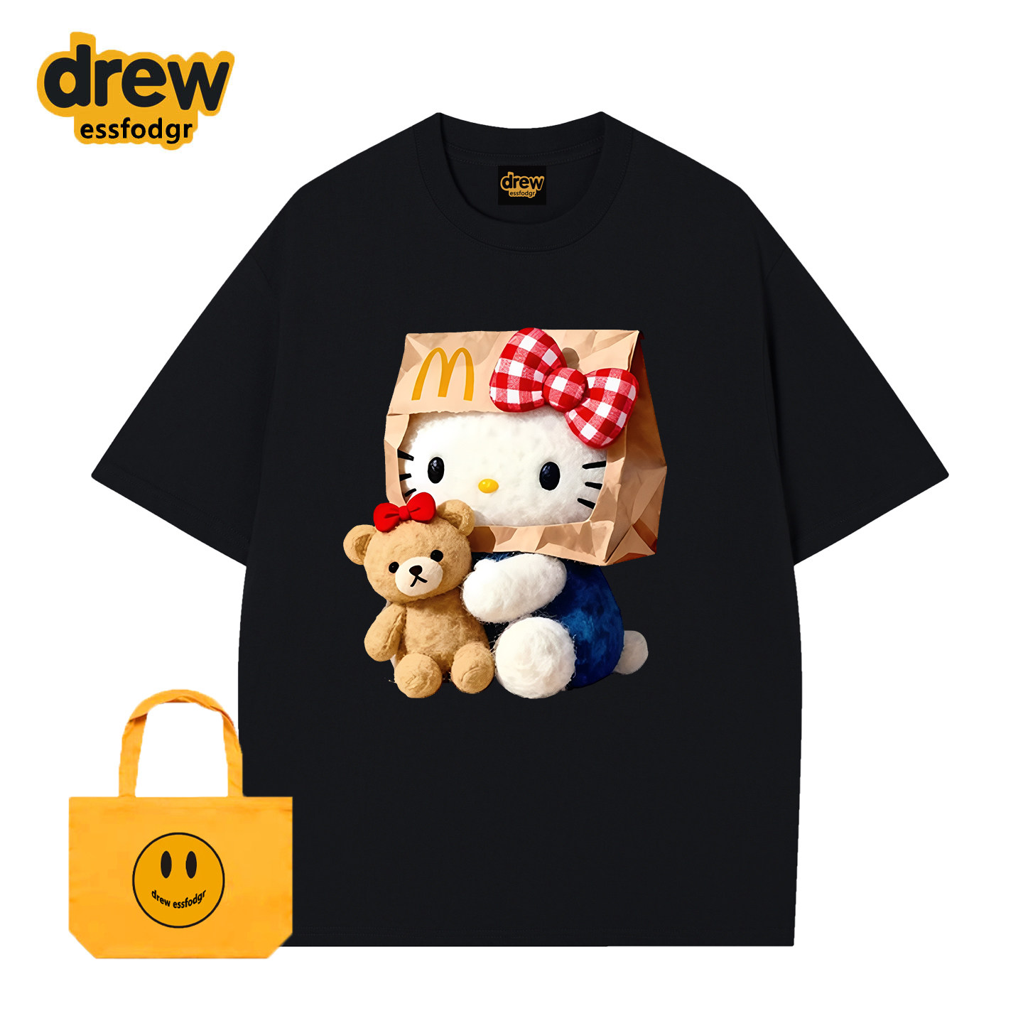 Drew美式卡通HelloKitty印花短袖T恤男女宽松可爱情侣装纯棉半袖