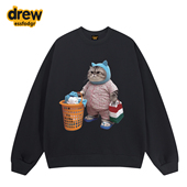 Drew美式 潮牌趣味猫咪印花圆领卫衣男女情侣宽松休闲重磅加绒上衣