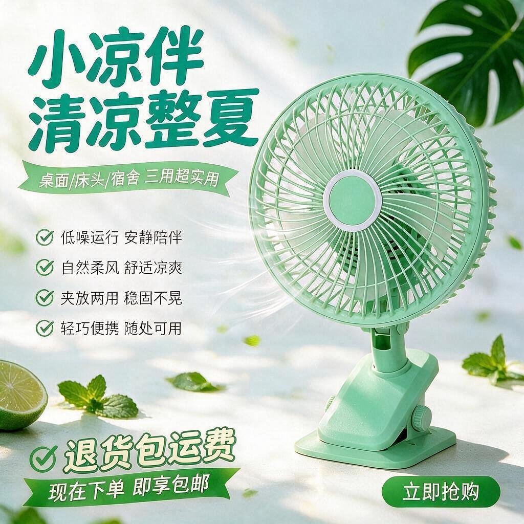夹式小风扇自动摇头静音夹扇学生家用办公室插电型大风力桌面风扇 - 实物图