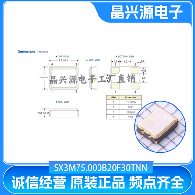 SX3M75.000B20F30TNN SMD3225-4P 75MHz ±20ppm 3.3V CMOS