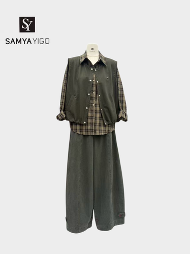 SAMYA YIGO美式复古格子开衫搭配马甲3253女夏季新款宽松休闲裤