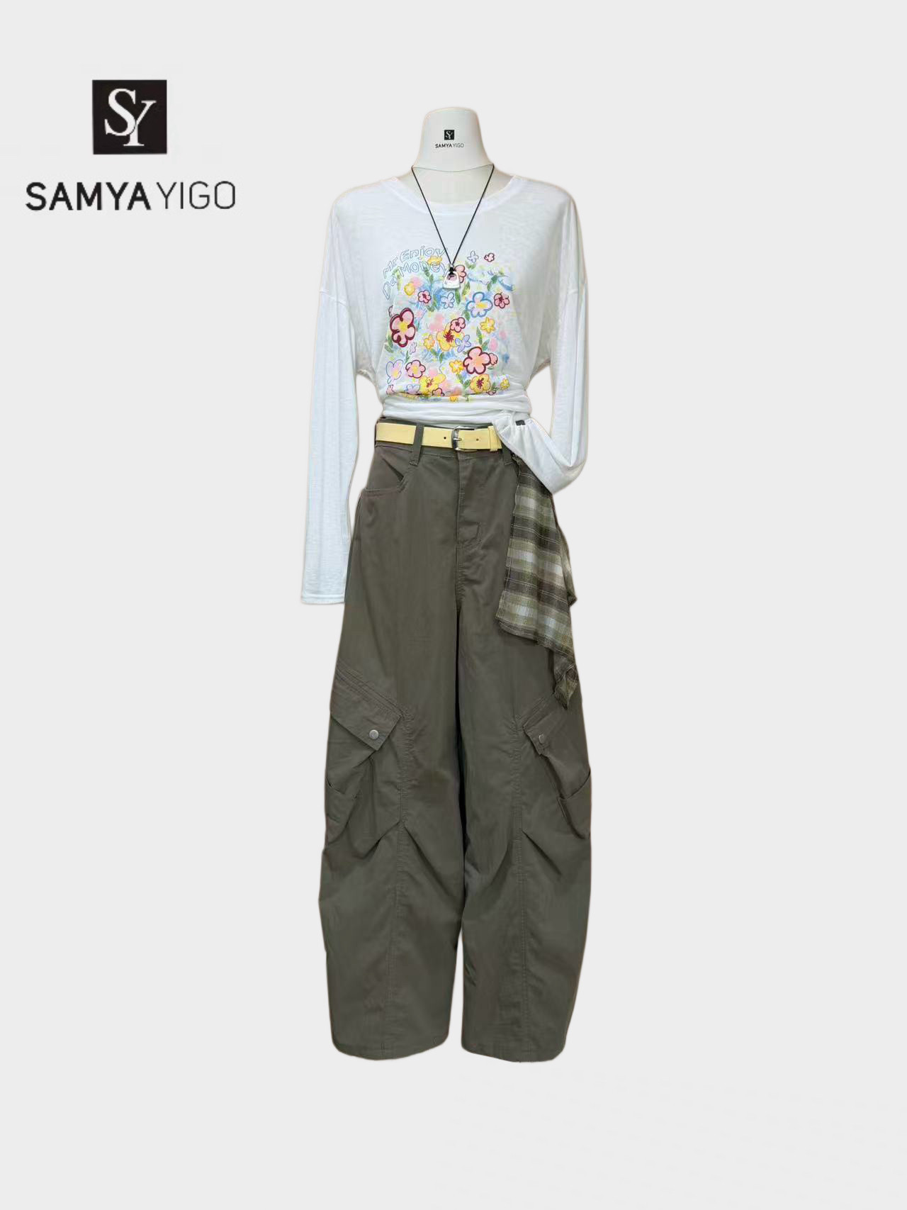 2026 SAMYA YIGO夏季新款时尚百搭显瘦印花上衣搭配格子系带工装