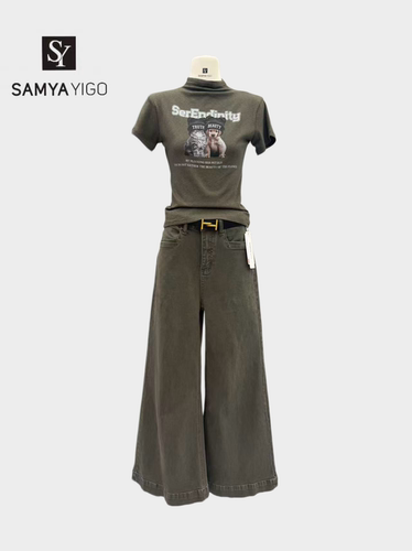 SAMYA YIGO美式复古水洗做旧牛仔裤女秋季新款高腰显瘦直筒阔腿裤