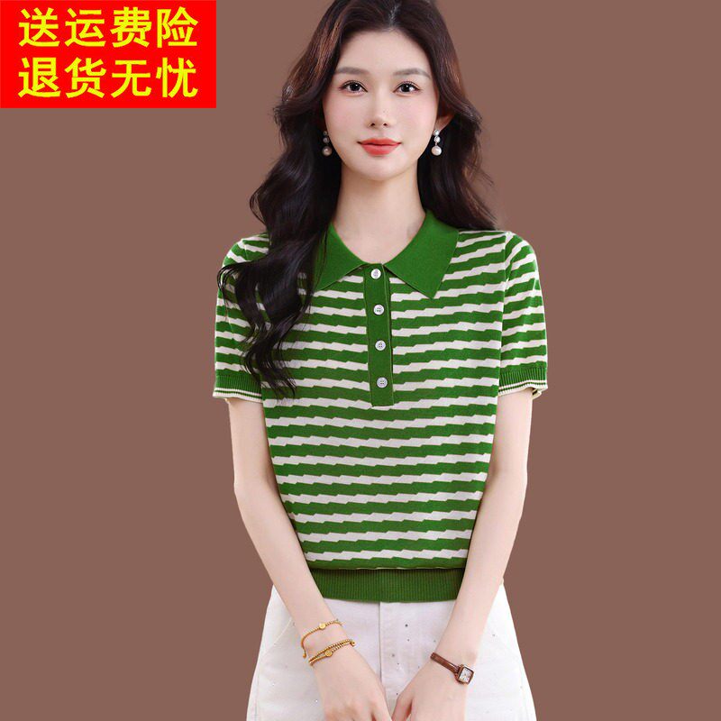 翻领短袖t恤女夏季2026新款洋派条纹宽松薄款上衣短款冰丝针织衫