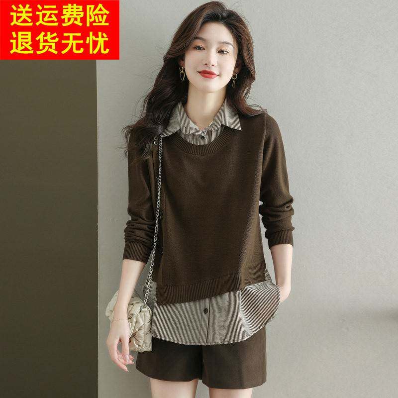 2026春秋冬新款衬衫拼接假两件毛衣女宽松气质时尚洋气针织衫上衣