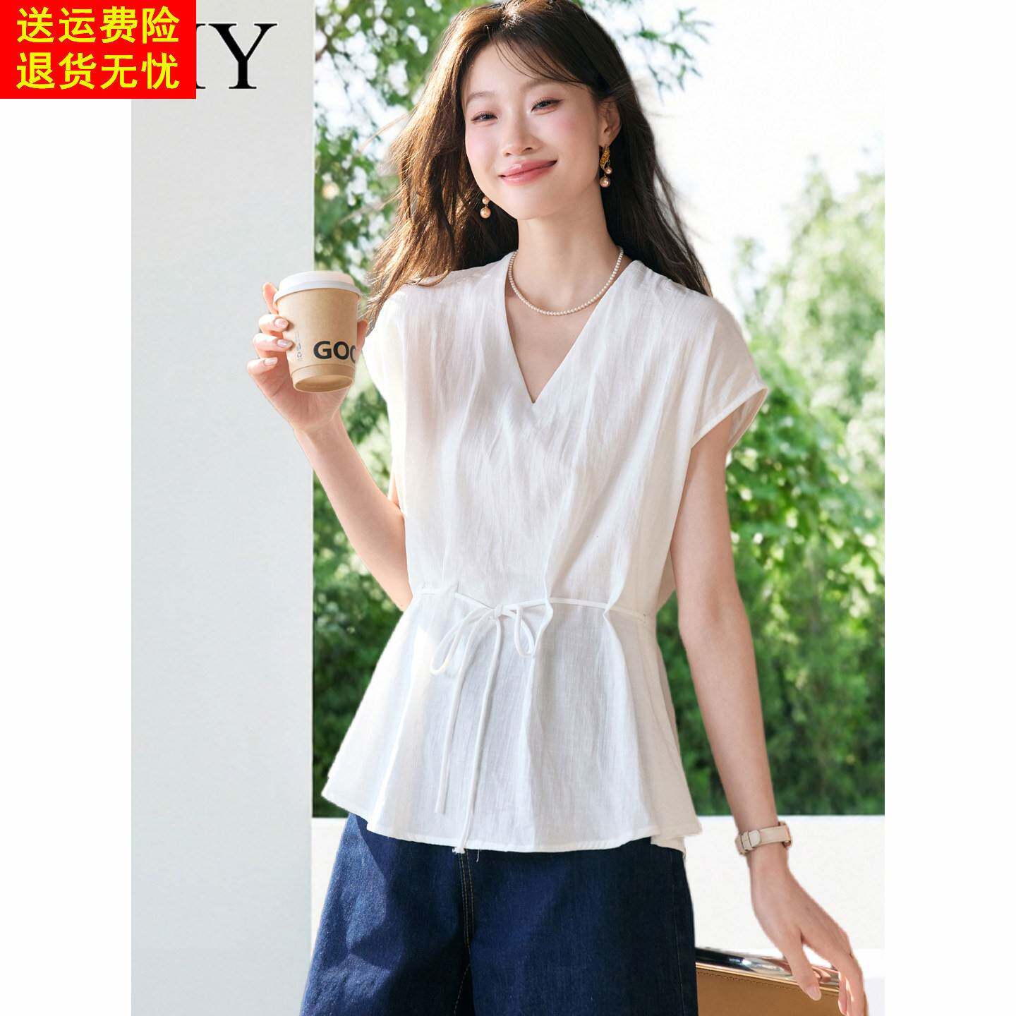 2026夏季新款白色优雅简约V领收腰显瘦棉T恤通勤气质套头上衣女装