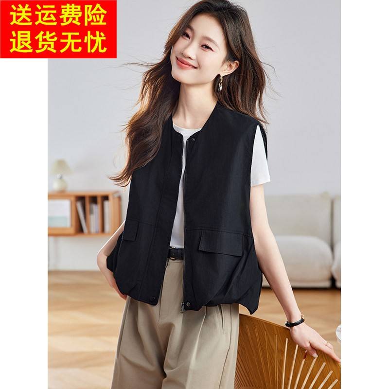 黑色拉链抽绳圆领马甲背心女2026春季新款高级感叠穿无袖短款外套