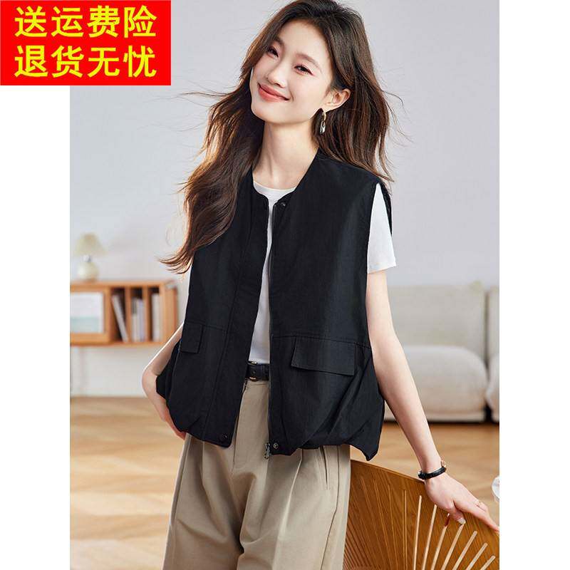 黑色拉链抽绳圆领马甲背心女2026春季新款高级感叠穿无袖短款外套