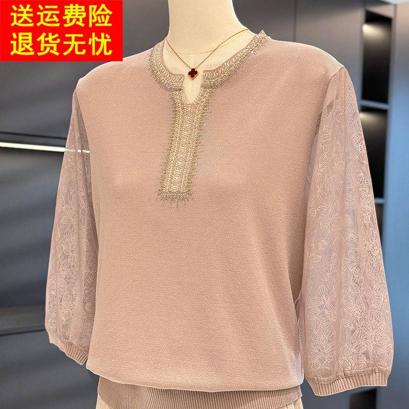 时尚洋派雪纺七分袖女妈妈针织衫春装新款上衣气质百搭中老年小衫