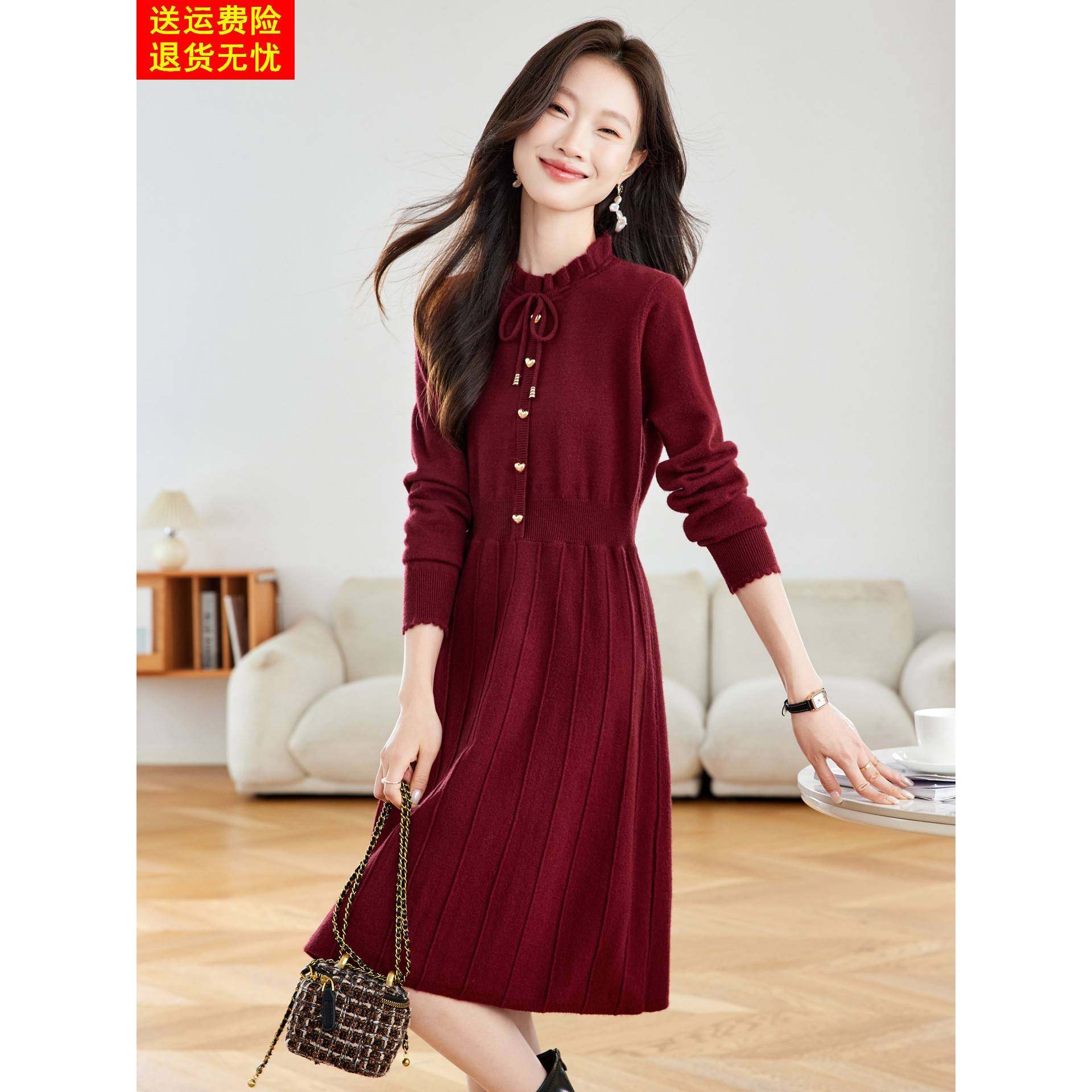 高级感小个子中长款针织连衣裙秋冬系带领收腰内搭百褶毛衣裙洋气
