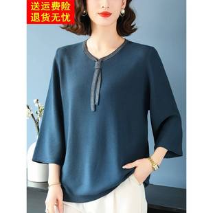 妈妈装 上衣春秋季 宽松露腹休闲丝 t恤女式 特大号中老年人三分之袖