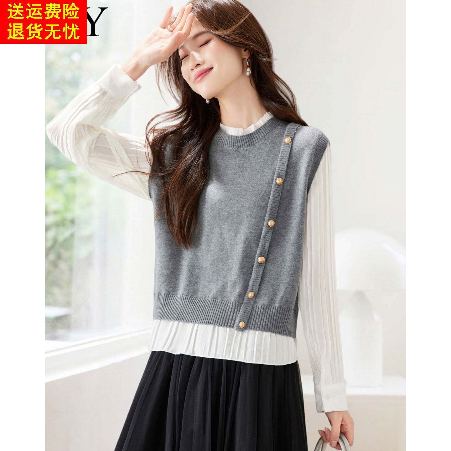 2026春装新款休闲假两件拼色减龄T恤小众设计感拼接气质上衣女装