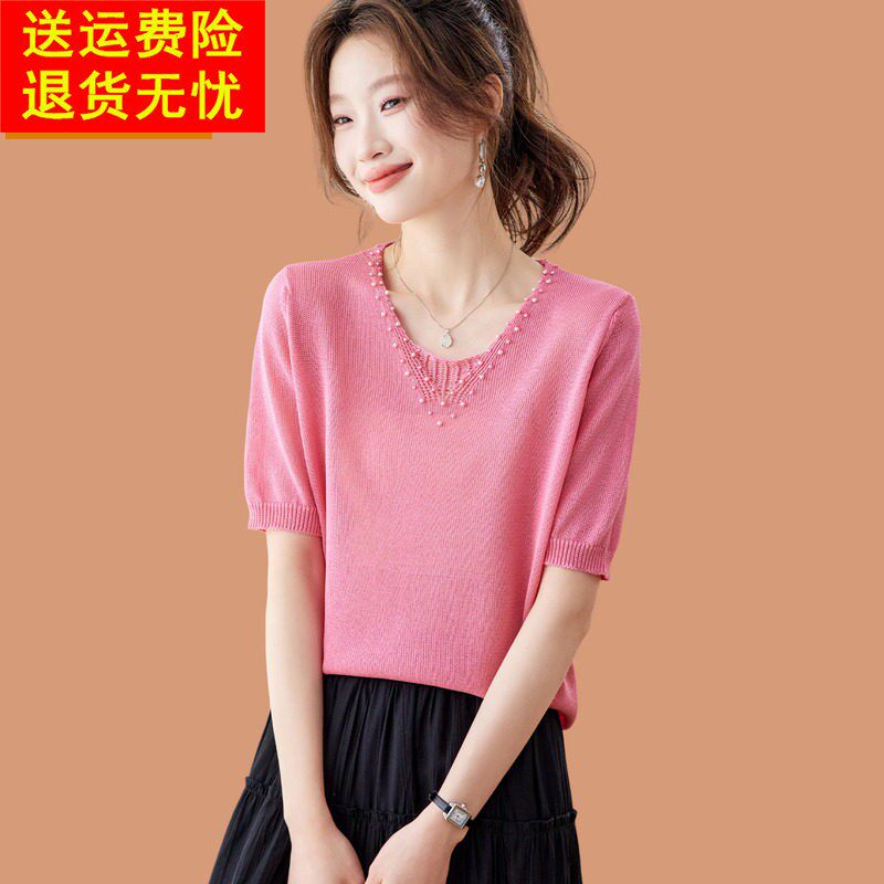 玫红桑蚕丝短袖t恤女夏装2026新款薄款高级感钉珠v领冰丝针织上衣
