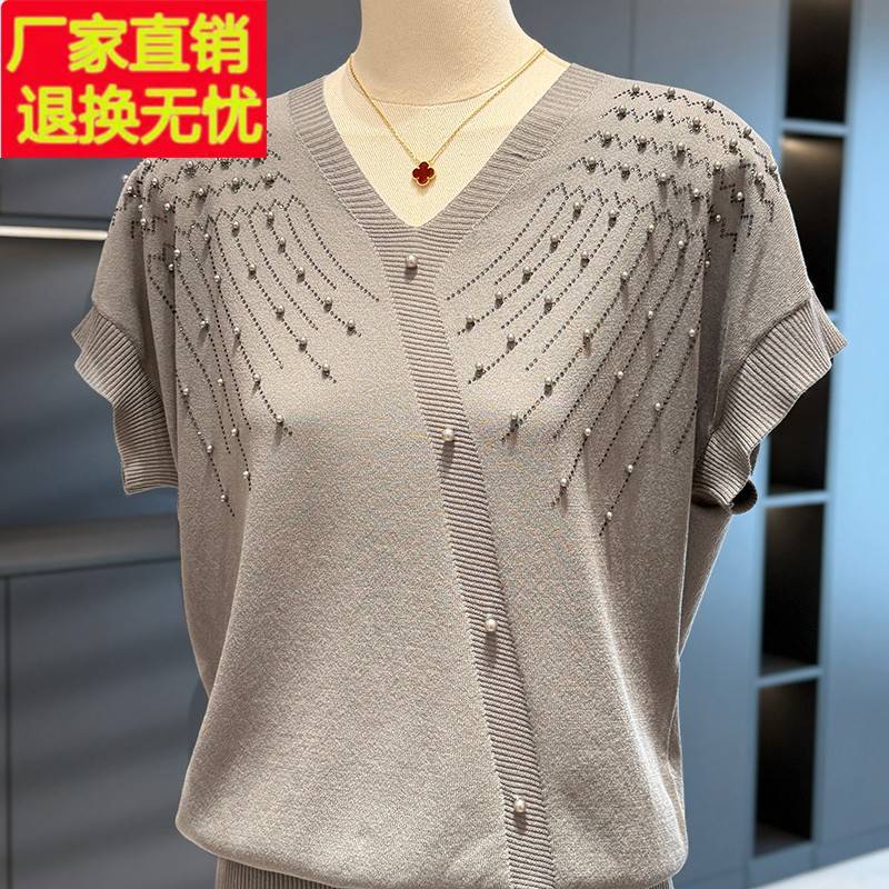 时尚洋气妈妈装针织衫女短袖2025夏装新款上衣减龄气质中老年T恤