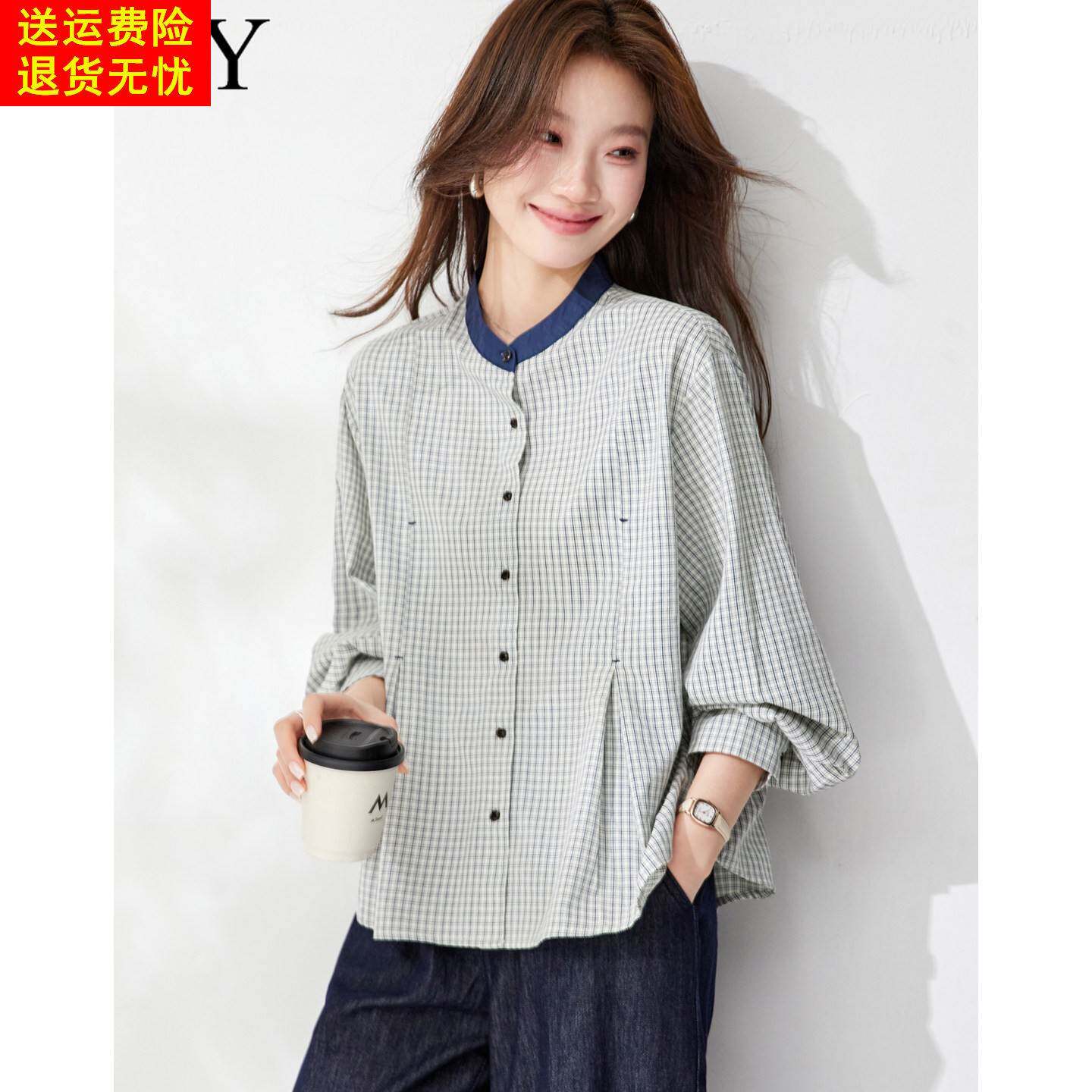 2026春装新款纯棉文艺格子衬衫小众宽松复古圆领通勤休闲上衣女装