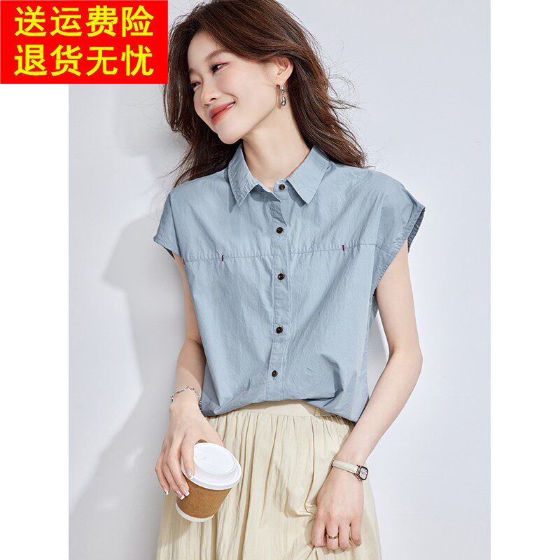 蓝色纯棉短袖衬衫女2025新款夏季超好看独特漂亮休闲宽松短款上衣