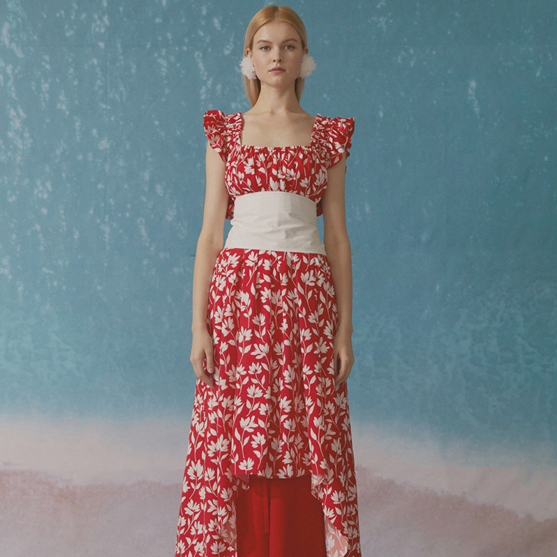 秒发romanchic 2020春夏韩国代购花卉印花度假花边无袖连衣长裙