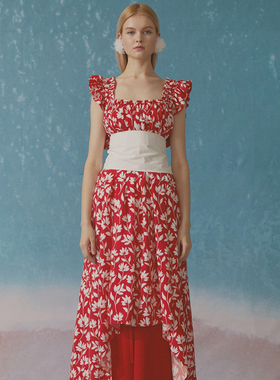 秒发ROMANCHIC 2020春夏韩国代购花卉印花度假花边无袖连衣长裙