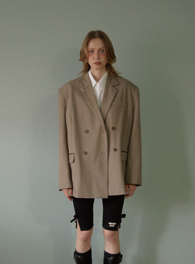 LETERIE 24秋季新品纯色戗驳领廓形外套宽松双排扣西装韩国代购