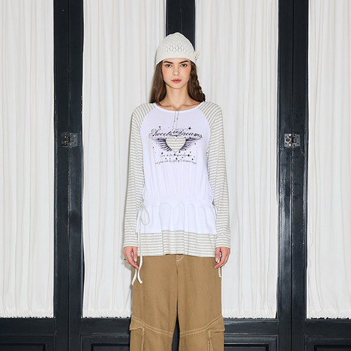 LARTIGENT 25秋季新品拼接撞色苹果印花插肩袖T恤上衣韩国代购