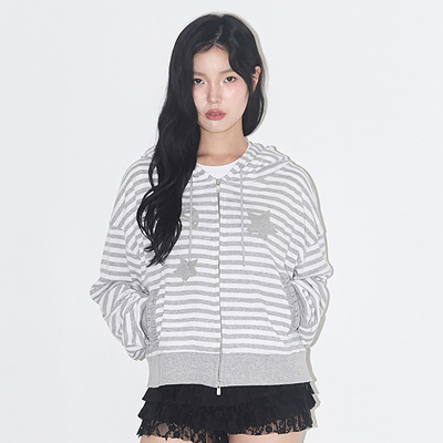 ILLIGO 25秋新款条纹贴布刺绣连帽上衣慵懒休闲拉链外套韩国代购