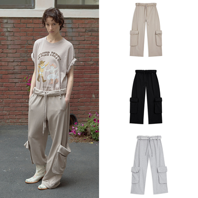 米色SM现货OPEN YY 26春卷腰边抽绳大口袋工装裤休闲裤韩国代购