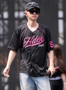 现货汪苏泷同款HDEX 25夏拼接条纹撞色棒球服运动风短袖韩国代购