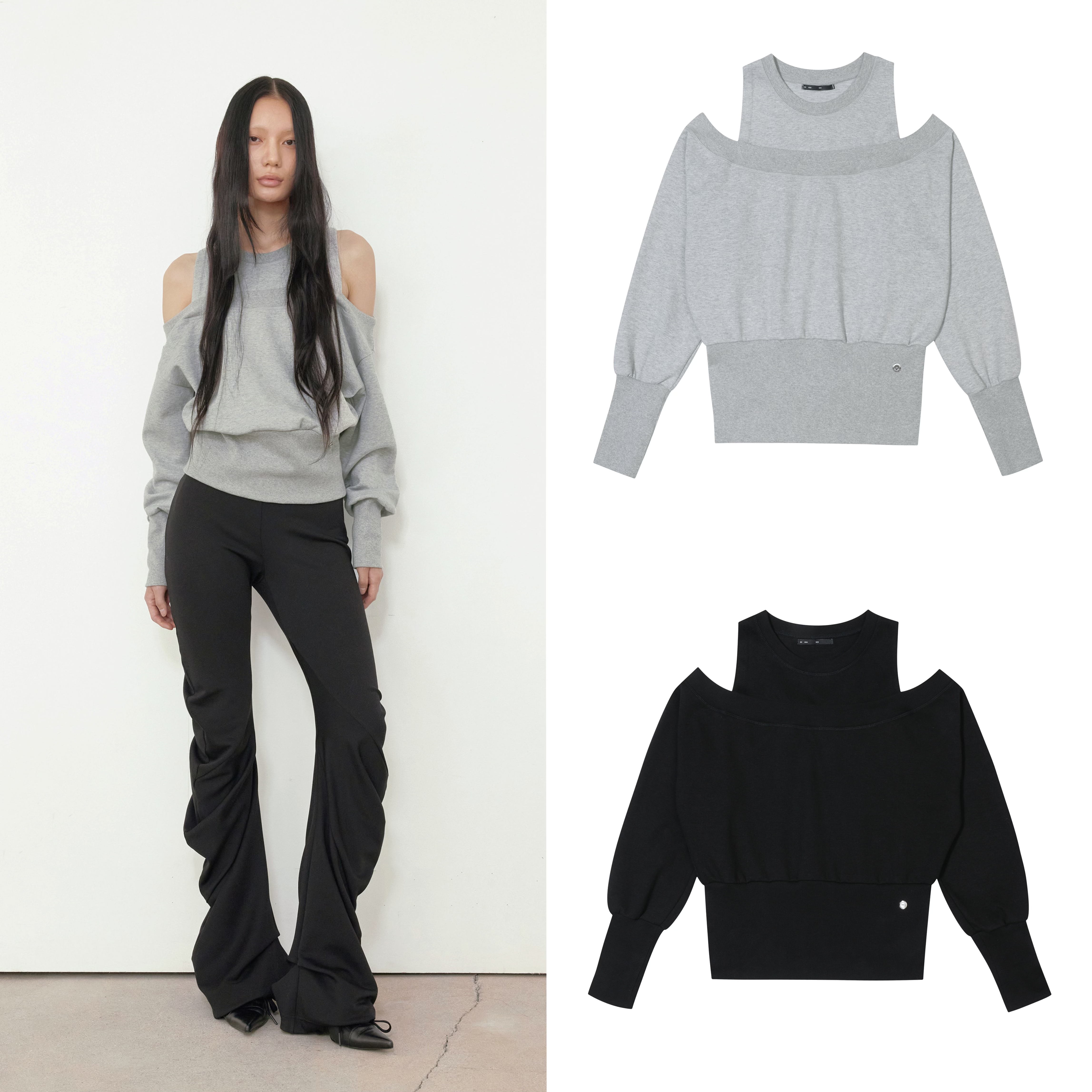 BOHEMSEO 25冬新款性感露肩假两件卫衣纯色百搭宽松上衣韩国代购