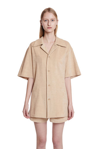 春夏情侣纯色西装领宽松短袖衬衫